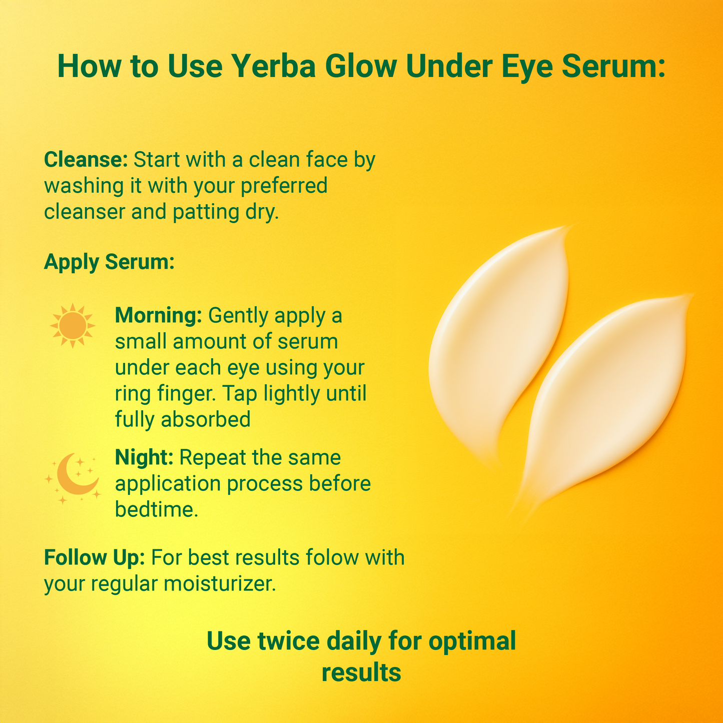 Instructions on how to use Yerba Glow Under Eye Serum with serum application shown on a yellow background.